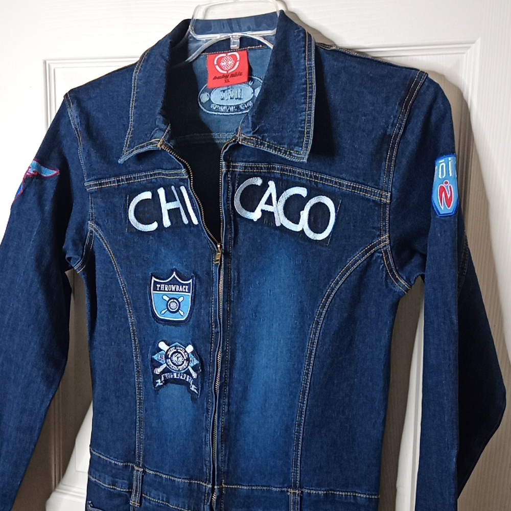 Y2K Throwback-Baby Noiz Denim Stretch Jean Jumpsuit "Chicago" Patchwork Sz XL - Picture 2 of 12
